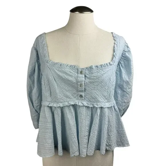 Women's Free People Leave It To Me Blouse Puff Sleeve Peplum Babydoll Crop Top L - Picture 1 of 10